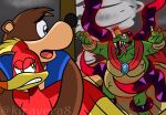  aura banjo-kazooie banjo_(banjo-kazooie) cape corruption crossover crown dark_persona dharkon donkey_kong_(series) glowing hal_laboratory highres kazooie_(banjo-kazooie) king_k._rool kiravera8 nintendo open_mouth possessed red_eyes scared sharp_teeth slit_pupils standing super_smash_bros. sweat sweatdrop teeth tentacles tongue tongue_out veins watermark 