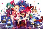  1boy 4girls absurdres ahoge barbara_(disgaea) blonde_hair blue_hair boots choker demon_girl demon_tail demon_wings disgaea disgaea_d2 earrings etna flat_chest flonne flonne_(fallen_angel) food green_eyes hat highres horns jewelry laharl long_hair makai_senki_disgaea medium_hair miyakawa106 multiple_girls pointy_ears prinny pudding red_eyes red_hair short_shorts shorts sicily_(disgaea) sidelocks skull_earrings slit_pupils smile tail thigh_boots thighhighs twintails wings 