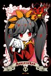 1girl ashley_(warioware) bangs black_hair blush character_name checkered checkered_background closed_mouth d_omm demon dress eyebrows_visible_through_hair hair_between_eyes long_hair long_sleeves looking_at_viewer object_hug red_(warioware) red_dress red_eyes sidelocks skull stuffed_animal stuffed_bunny stuffed_toy twintails very_long_hair warioware 