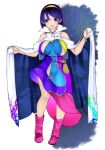  1girl adapted_costume aoshima bare_shoulders blue_eyes blue_hair boots bracelet breast_cutout breasts cloak clothing_cutout commentary_request full_body hairband highres jewelry large_breasts looking_at_viewer multicolored multicolored_clothes open_mouth parted_lips partially_unzipped pink_footwear pouch rainbow_hair_ornament short_hair shoulder_cutout shoulderless_cloak side_cutout simple_background smile solo tenkyuu_chimata touhou zipper 