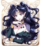  1girl bishoujo_senshi_sailor_moon black_hair breasts cleavage crescent crescent_earrings detached_sleeves double_bun earrings fingernails forehead_jewel grey_eyes jewelry lips long_fingernails long_hair looking_at_viewer nardack nehelenia_(sailor_moon) pointy_ears smile solo upper_body wavy_hair 