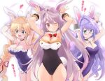  3girls alternate_costume animal_ears arms_up azur_lane blonde_hair breasts bunny_ears bunny_pose bunny_tail choker cross cross_choker cross_earrings earrings frills garter_straps glasses green_eyes grenville_(azur_lane) highres jewelry l&#039;opiniatre_(azur_lane) large_breasts le_temeraire_(azur_lane) long_hair multiple_girls one_eye_closed pink_hair playboy_bunny purple_hair red_eyes simple_background smile tail tonchinkan twintails wrist_cuffs 