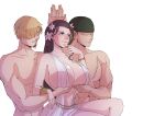  1girl 2boys aphrodite_(shuumatsu_no_valkyrie) aphrodite_(shuumatsu_no_valkyrie)_(cosplay) black_hair blonde_hair blood blue_eyes bracelet breast_grab breasts closed_mouth cosplay facial_hair flower goatee grabbing green_hair hair_flower hair_ornament highres huge_breasts jewelry long_hair multiple_boys muscular muscular_male mustache nico_robin nosebleed nzkn one_piece parody roronoa_zoro sanji scar scar_on_chest shuumatsu_no_valkyrie smile 