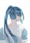  1boy blue_eyes blue_hair from_behind long_hair looking_at_viewer looking_back ponytail profile rkp shadow short_sleeves simple_background solo the_legend_of_luo_xiaohei upper_body white_background wuxian_(the_legend_of_luoxiaohei) 