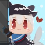  1girl aqua_background arknights black_gloves black_headwear blue_capelet blush_stickers broken_heart capelet chibi chinese_commentary closed_mouth commentary_request eyebrows_visible_through_hair eyes_visible_through_hair gloves grey_shirt hair_between_eyes hat lieyan_huangzi long_hair open_mouth red_eyes shirt silver_hair skadi_(arknights) smile solo tearing_up wavy_mouth 