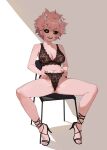  1girl ashido_mina ass black_sclera blush boku_no_hero_academia breasts character_request cleavage collarbone colored_sclera colored_skin eyebrows_visible_through_hair highres horns jason_kim large_breasts lingerie navel open_mouth partially_visible_vulva pink_hair pink_skin sandals short_hair sitting smile solo spread_legs toeless_footwear underwear upper_teeth wedgie yellow_eyes 