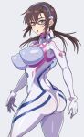  1girl ass blue_eyes bodysuit breasts brown_hair covered_nipples evangelion:_3.0+1.0_thrice_upon_a_time from_behind glasses highres impossible_bodysuit impossible_clothes large_breasts long_hair looking_at_viewer looking_back makinami_mari_illustrious mordeth neon_genesis_evangelion pilot_suit plugsuit rebuild_of_evangelion shiny shiny_clothes shiny_hair shiny_skin skin_tight solo standing twintails white_bodysuit 