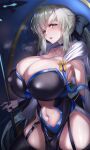  1girl alternate_breast_size bangs blue_eyes blush bow braid breasts cleavage cloak clothing_cutout curvy eyebrows_visible_through_hair fate/grand_order fate_(series) hair_between_eyes hair_bow highres hirasawa_seiji holding holding_staff huge_breasts large_breasts looking_at_viewer morgan_le_fay_(fate) navel navel_cutout platinum_blonde_hair revealing_clothes solo staff thighhighs 