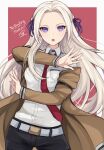  1girl :o banned_artist belt black_pants breast_pocket brown_coat coat cosplay cowboy_shot edelgard_von_hresvelg fire_emblem fire_emblem:_three_houses forehead hair_ribbon long_hair long_sleeves looking_at_viewer makise_kurisu makise_kurisu_(cosplay) necktie off_shoulder open_clothes open_coat open_mouth pants pocket purple_eyes purple_ribbon red_neckwear ribbon shimizu_akina shirt silver_hair solo standing steins;gate very_long_hair white_belt white_shirt 