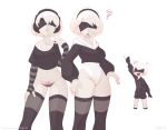 1boy 1girl ? absurdres black_blindfold black_footwear black_gloves black_hairband black_legwear black_panties blindfold blush character_name closed_mouth collarbone fingernails gloves hairband headphones highres hood hood_down hoodie leotard navel neku_zx nier_(series) nier_automata open_mouth panties patreon_username short_hair signature simple_background smile striped striped_clothes striped_gloves thumbs_up underwear upper_teeth white_background white_hair white_leotard yorha_no._2_type_b yorha_no._9_type_s 