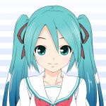  1girl aqua_eyes aqua_hair black_ribbon blue_hair collar collared_shirt commentary gradient_hair hair_ribbon hatsune_miku light_blush long_hair looking_at_viewer mikumikudance multicolored_hair neckerchief portrait red_neckwear ribbon sailor_collar school_uniform serafuku shiny shiny_hair shirt smile solo soukun_s striped striped_background striped_ribbon twintails vocaloid vocaloid_(lat-type_ver) white_background white_collar white_shirt 