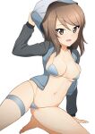  1girl bangs barefoot bikini blue_bikini breasts brown_eyes brown_hair eyebrows_visible_through_hair girls_und_panzer keizoku_military_uniform long_hair medium_breasts mika_(girls_und_panzer) namidate navel removing_hat simple_background sketch solo swimsuit tulip_hat undressing white_background 