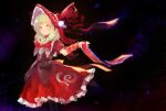  1girl blurry bonnet dark_background depth_of_field dress feet_out_of_frame frills front_ponytail green_eyes green_hair kagiyama_hina long_hair pantyhose red_dress ribbon simple_background smile solo suisa touhou 