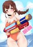  1girl absurdres blue_sky braid breasts brown_hair casual_one-piece_swimsuit cleavage cloud commentary_request cowboy_shot highres kantai_collection kitahama_(siroimakeinu831) long_hair medium_breasts one-hour_drawing_challenge one-piece_swimsuit orange_eyes orange_swimsuit single_braid sky solo souya_(kancolle) swimsuit thigh_gap water_gun 
