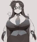  1girl alternate_breast_size breasts eyebrows_visible_through_hair glasses hands_in_pockets huge_breasts impossible_clothes long_hair magister_(bearibop) messy_hair monochrome necktie open_clothes read_or_die solo vest yomiko_readman 