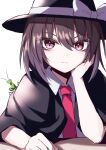  1girl brown_hair capelet expressionless fedora hand_on_own_cheek hand_on_own_face hat highres looking_at_viewer medium_hair necktie one-hour_drawing_challenge pink_eyes praying_mantis simple_background solo touhou usami_renko white_background yonoisan 