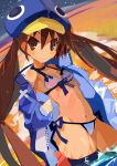  1girl absurdres blue_headwear blush breasts brown_eyes brown_hair disgaea hat highres jacket kazamatsuri_fuuka long_hair looking_at_viewer makai_senki_disgaea_4 miyakawa106 small_breasts swimsuit thighhighs twintails very_long_hair wet 