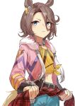  1girl absurdres animal_ears blue_eyes brown_hair clothes_around_waist fur-trimmed_jacket fur_trim haruyuki_(gffewuoutgblubh) highres horse_ears jacket jacket_around_waist midriff narita_taishin_(umamusume) shirt tied_shirt tying umamusume white_background 