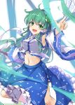  1girl :d akisome_hatsuka arm_up between_fingers blue_skirt bouncing_breasts breasts commentary_request detached_sleeves eyebrows_visible_through_hair folded_leg frog_hair_ornament green_eyes green_hair hair_ornament hair_tubes jumping kneehighs kochiya_sanae light_trail long_hair looking_at_viewer medium_breasts midriff navel ofuda open_mouth partial_commentary petticoat simple_background skirt smile snake_hair_ornament solo star_(symbol) touhou very_long_hair white_background white_legwear 