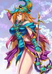  1girl arm_up bangs bare_shoulders blue_eyes blush blush_stickers breasts brown_hair closed_mouth duel_monster gloves green_eyes hat highres large_breasts lipgloss long_hair magician&#039;s_valkyria signature solo takecha wand witch_hat wizard_hat yu-gi-oh! 