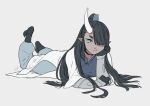  1boy aqua_eyes black_hair dark-skinned_male dark_skin fenghua_(the_legend_of_luoxiaohei) hair_over_one_eye head_rest horns lanxi_zhen long_hair looking_at_viewer lying on_stomach pointy_ears rkp shadow signature simple_background single_horn solo the_legend_of_luo_xiaohei white_background white_horns 