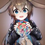  1girl absurdres amiya_(arknights) animal_ears arknights artist_name ascot black_jacket blue_collar blue_eyes blue_neckwear brown_hair bunny_ears candy chinese_commentary collar food hair_between_eyes happy highres holding holding_candy holding_food holding_lollipop jacket lollipop long_hair looking_at_viewer open_clothes open_jacket open_mouth pov pov_hands rockyroo shirt solo_focus upper_body white_shirt 