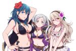  3girls belt bikini bikini_skirt black_bikini blue_eyes blue_hair braid breasts byleth_(fire_emblem) byleth_(fire_emblem)_(female) cleavage coat coat_on_shoulders commentary_request corrin_(fire_emblem) corrin_(fire_emblem)_(female) fire_emblem fire_emblem:_three_houses fire_emblem_awakening fire_emblem_fates fire_emblem_heroes flower flower_necklace french_braid grey_eyes hair_flower hair_ornament hairband hibiscus hiyori_(rindou66) jewelry large_breasts lei looking_at_viewer medium_breasts multiple_girls navel necklace o-ring o-ring_bikini official_alternate_costume parted_lips purple_flower red_eyes red_flower robin_(fire_emblem) robin_(fire_emblem)_(female) simple_background swimsuit trait_connection twintails upper_body white_background white_bikini white_hair 