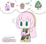 1girl ^^^ absurdres aqua_eyes armband arrow_(symbol) bag black_legwear black_shirt black_skirt boots brand_name_imitation candy character_name chibi commentary eating emphasis_lines food gold_trim hatsune_negame headphones highres holding holding_bag imagining knee_boots long_hair megurine_luka pink_hair plant pot potted_plant sapling shirt short_sleeves side_slit simple_background sitting skirt solid_oval_eyes solo stick_figure thighhighs thought_bubble tree very_long_hair vocaloid watering_can white_background 