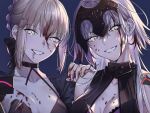  2girls artoria_pendragon_(all) blonde_hair blood blood_on_chest blood_on_face bloody_clothes blue_background blush braid breasts cleavage collarbone excalibur_morgan_(fate) fate/grand_order fate_(series) french_braid hand_on_another&#039;s_shoulder headphones highres jeanne_d&#039;arc_(alter)_(fate) jeanne_d&#039;arc_(fate)_(all) large_breasts long_hair looking_at_viewer medium_breasts multiple_girls nipi27 saber_alter slit_pupils smile torn_clothes upper_body 