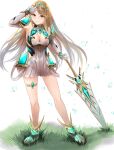  absurdres aegis_sword_(xenoblade) armpits bangs bare_legs bare_shoulders blonde_hair breasts chest_jewel cleavage cleavage_cutout clothing_cutout dress earrings elbow_gloves gem gloves headpiece highres jewelry large_breasts long_hair mythra_(xenoblade) sail_(sail-away) short_dress swept_bangs thigh_strap thighs tiara very_long_hair white_dress white_footwear white_gloves xenoblade_chronicles_(series) xenoblade_chronicles_2 yellow_eyes 
