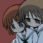  2girls behind_another brown_background brown_hair embarrassed girls_und_panzer highres hug hug_from_behind maruyama_saki multiple_girls ooarai_school_uniform ponita-poniponi sakaguchi_karina school_uniform short_hair simple_background sweat tagme 