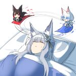  3girls akagi_(azur_lane) akaoni_(zumt3548) animal_ear_fluff animal_ears azur_lane black_kimono blanket blue_eyes breasts brown_hair brown_tail chibi eyeliner fox_ears fox_girl fox_tail futon japanese_clothes kaga_(azur_lane) kaga_(white_fox&#039;s_new_year_greetings)_(azur_lane) kimono kitsune kyuubi large_breasts makeup multiple_girls multiple_tails pillow red_eyes shinano_(azur_lane) sleeping tail under_covers white_hair white_kimono white_tail 