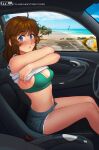  1girl ahoge beach blue_eyes blush breasts brooke_(mathias_leth) brown_hair car_interior cleavage clothes_lift covered_nipples day denim denim_shorts english_commentary eyebrows_visible_through_hair feet_out_of_frame freckles green_sports_bra looking_at_viewer mathias_leth medium_hair nose_blush ocean original porsche shirt_lift shorts sitting small_breasts solo sports_bra tank_top undressing 