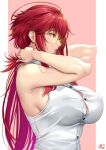 1girl adjusting_hair armpits bare_shoulders breasts character_request copyright_request earrings from_side glasses jewelry large_breasts long_hair okitakung parted_lips profile red_eyes red_hair shirt sideboob sleeveless sleeveless_shirt solo upper_body 