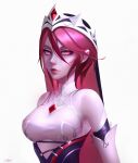  1girl absurdres alisa_nilsen artist_name bare_shoulders breasts closed_mouth genshin_impact highres large_breasts looking_at_viewer red_eyes red_hair rosaria_(genshin_impact) short_hair simple_background solo upper_body veil white_background 