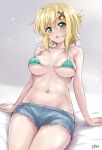  1girl akatsuki_kirika artist_name bikini blonde_hair blue_shorts blush breasts breasts_apart cleavage collarbone eyebrows_visible_through_hair green_bikini green_eyes grey_background hair_ornament large_breasts looking_at_viewer navel open_mouth r-binon senki_zesshou_symphogear shiny shiny_hair short_hair short_shorts shorts simple_background sitting solo swimsuit x_hair_ornament 