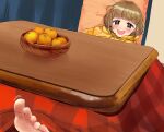  barefoot blush bob_cut brown_hair curtains eyebrows_visible_through_hair feet food fruit highres hood hoodie idolmaster idolmaster_cinderella_girls indoors kitami_yuzu kotatsu orange_(food) short_hair table yellow_hoodie yuzuhota0313 