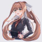  1girl :d bangs blush bow brown_hair commentary cropped_torso doki_doki_literature_club eyebrows_visible_through_hair green_eyes grey_jacket hair_between_eyes hair_ribbon handheld_game_console highres holding holding_handheld_game_console jacket long_hair long_sleeves looking_at_viewer monika_(doki_doki_literature_club) nintendo_switch open_mouth ponytail ribbon sidelocks simple_background smile solo soybean_(hisoybean) upper_body very_long_hair white_bow 