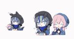  !? 2girls ? arknights bangs blue_eyes blue_hair blue_poison_(arknights) cake chibi closed_eyes covering_mouth double_bun food glaucus_(arknights) happy heart hood hood_up hooded_jacket jacket long_sleeves low_twintails multicolored_hair multiple_girls open_mouth pink_hair streaked_hair tail tail_grab twintails zhu_mianzi 