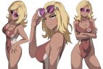  1girl blonde_hair breasts highres holding holding_eyewear jourd4n kick_buttowski lifeguard one-piece_swimsuit red_swimsuit shannon_(kick_buttowski) solo sunglasses swimsuit tan 