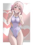  1girl blush breasts brown_eyes cleavage commentary_request competition_swimsuit covered_navel cowboy_shot highleg highleg_swimsuit highres large_breasts looking_at_viewer mashinatsu nose_blush one-piece_swimsuit original pink_hair purple_swimsuit short_hair solo swimsuit thigh_gap 