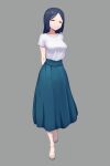  1girl arms_behind_back blue_hair blue_skirt breasts closed_mouth daruzenon full_body grey_background large_breasts long_hair long_skirt looking_at_viewer narrowed_eyes original sandals shirt simple_background skirt smile solo standing tachi-e white_shirt 