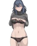  1girl blue_hair blush bra byleth_(fire_emblem) byleth_(fire_emblem)_(female) clothes_lift fire_emblem fire_emblem:_three_houses fire_emblem_heroes highres jourd4n lingerie looking_at_viewer panties shirt_lift solo sweater sweater_lift underwear 