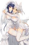  2girls :d akizone animal_ears au_ra bangs black_hair blush breasts cheeze_(akizone) cleavage dress elbow_gloves feet_out_of_frame final_fantasy final_fantasy_xiv flower garter_straps gloves grey_hair highres holding_hands hug large_breasts long_hair long_sleeves looking_at_another multiple_girls open_mouth red_eyes renz_(rirene_rn) simple_background smile tail thighhighs wedding_dress white_background white_dress white_gloves white_legwear white_theme wife_and_wife yuri zettai_ryouiki 