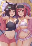  2girls :d animal_ears arm_around_waist azur_lane bare_shoulders bell breast_press breasts brown_hair cat_ears cat_girl cat_hair_ornament cat_tail choker cleavage crop_top eyebrows_visible_through_hair fang fish_hair_ornament hair_ornament highres hikimayu i-19_(azur_lane) inari_jin large_breasts lying mask mask_on_head multiple_girls navel neck_bell nightgown off_shoulder on_bed open_mouth oppai_loli panties red_eyes red_hair short_hair short_shorts shorts side-tie_panties sleep_mask smile spaghetti_strap stomach tail twintails underwear yamashiro_(azur_lane) 
