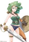  1girl asymmetrical_clothes asymmetrical_sleeves belt_buckle between_breasts bracer breasts brown_gloves buckle circlet closed_mouth collarbone commentary_request crimson_(cxrss377) curly_hair dragon_quest dragon_quest_iv feet_out_of_frame gloves green_eyes green_hair green_leotard heroine_(dq4) highres holding holding_shield holding_sword holding_weapon leotard long_sleeves looking_at_viewer medium_hair midriff_peek orange_legwear orange_sleeves serious sheath shield single_bare_shoulder single_glove single_sleeve single_thighhigh solo standing strap_between_breasts strapless strapless_leotard sword thigh_strap thighhighs twitter_username weapon 
