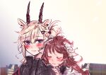  2girls ahoge animal_ears arknights bangs blue_eyes blush brown_hair closed_eyes curled_horns earthspirit_(arknights) eyjafjalla_(arknights) goat_ears goat_girl goat_horns horns multiple_girls naoi_retsu open_mouth platinum_blonde_hair sheep_horns yuri 