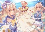  3girls :d absurdres ahoge akochan alternate_costume arm_up bag ball bangs barbara_(genshin_impact) barbara_(summertime_sparkle)_(genshin_impact) beach beachball blue_eyes blue_sky blue_swimsuit blurry bow choker cloud cloudy_sky clover_print commentary_request depth_of_field detached_sleeves drill_hair eyebrows_visible_through_hair genshin_impact hair_between_eyes hair_bow hair_ribbon handbag hat highres holding horizon huge_filesize innertube jean_(genshin_impact) jean_(sea_breeze_dandelion)_(genshin_impact) klee_(genshin_impact) light_brown_hair long_hair looking_at_viewer low_twintails multiple_girls ocean open_mouth orange_eyes ponytail ribbon sailor_collar sidelocks sky smile starfish straw_hat summer swimsuit twin_drills twintails waving 