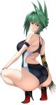  1girl ass back bangs bare_shoulders black_swimsuit blue_eyes blush breasts cleavage green_hair halcon high_heels highleg highleg_swimsuit highres large_breasts long_hair looking_at_viewer looking_back one-piece_swimsuit shaman_king simple_background sitting smile solo squatting swimsuit tao_jun 