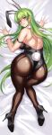  1girl all_fours animal_ears black_footwear black_legwear black_leotard breasts bunny_ears bunny_tail c.c. code_geass dakimakura_(medium) detached_collar fake_animal_ears fake_tail fishnet_legwear fishnets green_hair high_heels highres hikari_(komitiookami) leotard long_hair medium_breasts pantyhose playboy_bunny solo strapless strapless_leotard tail wrist_cuffs yellow_eyes 